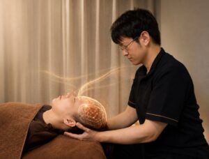 脳もみで頭を優しく支える男性セラピスト
